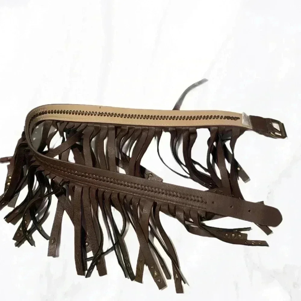 BCBG brown braided stylish vegan leather casual trendy bohemian fringe belt S
